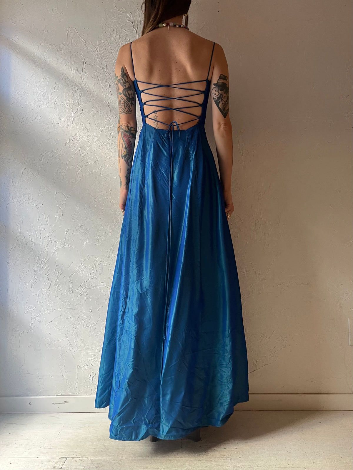 90s Blue Metallic Lace Up Formal Dress / Small