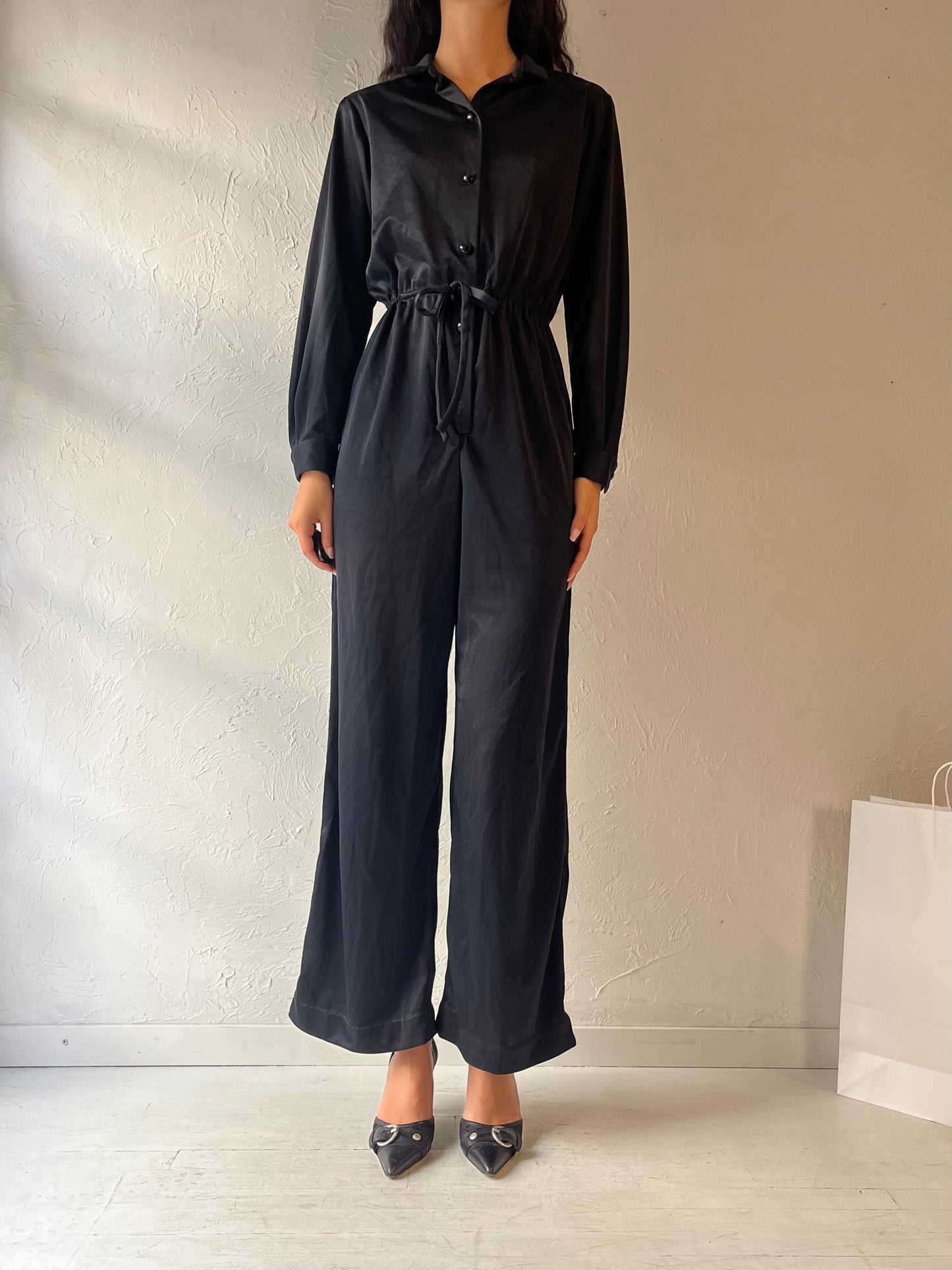 Vintage Handmade Black Silky Jumpsuit / Small