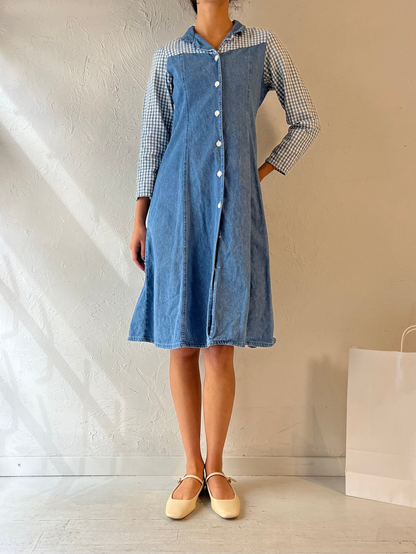 90s 'Rose Cottage' Long Sleeve Collared Denim Dress / Small