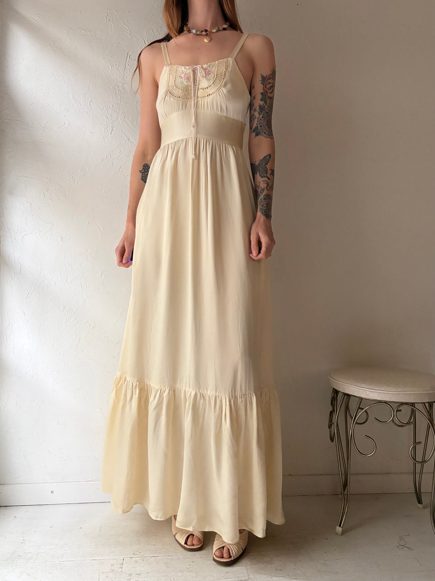 70s Cream Silky Dress / Small