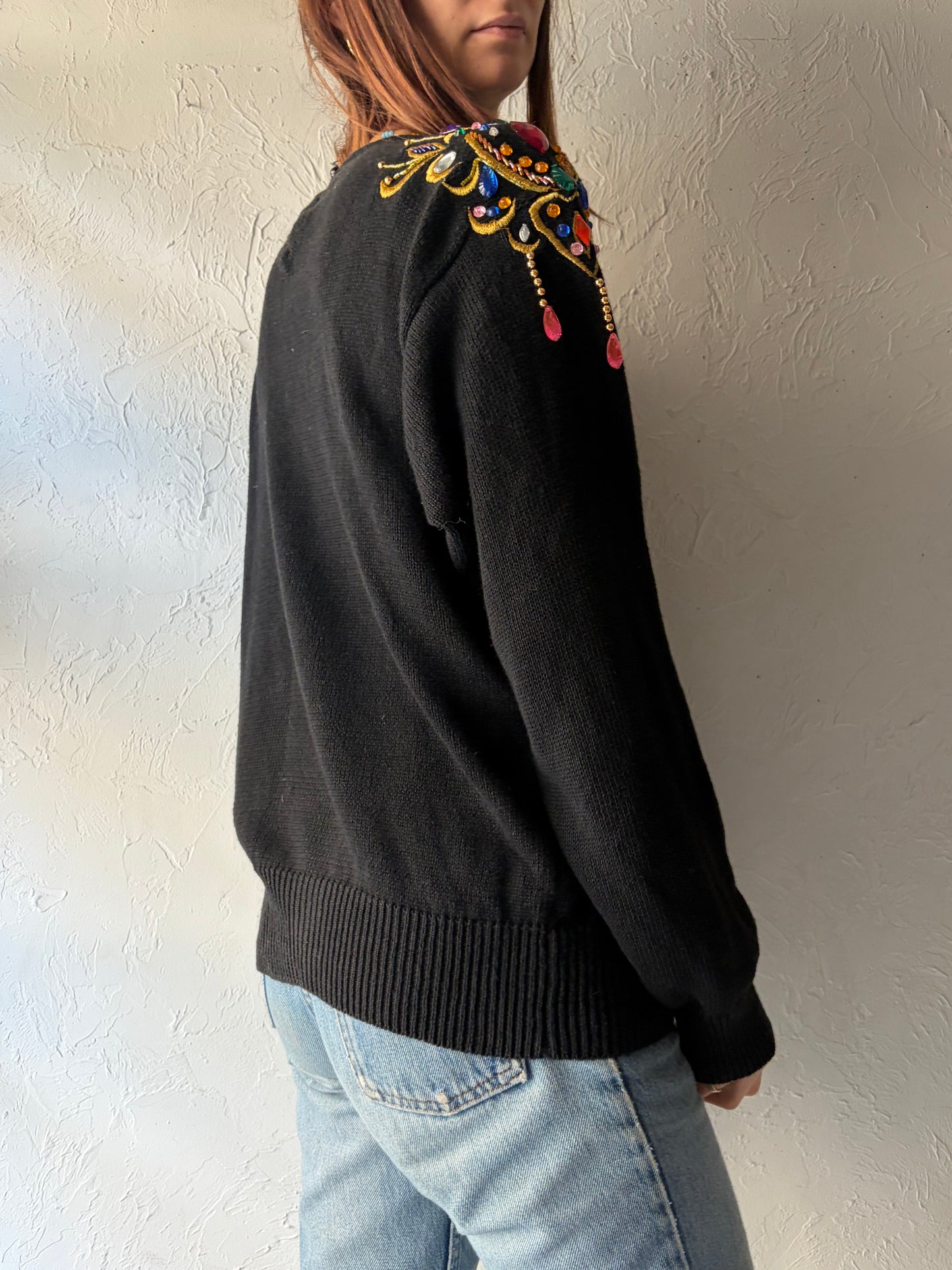 90s 'Lindsey Blake' Black Embellished Sweater / Large