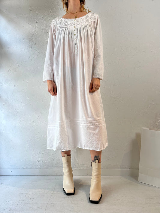 Y2k 'Eileen West' White Cotton Long Sleeve Midi Dress / Small