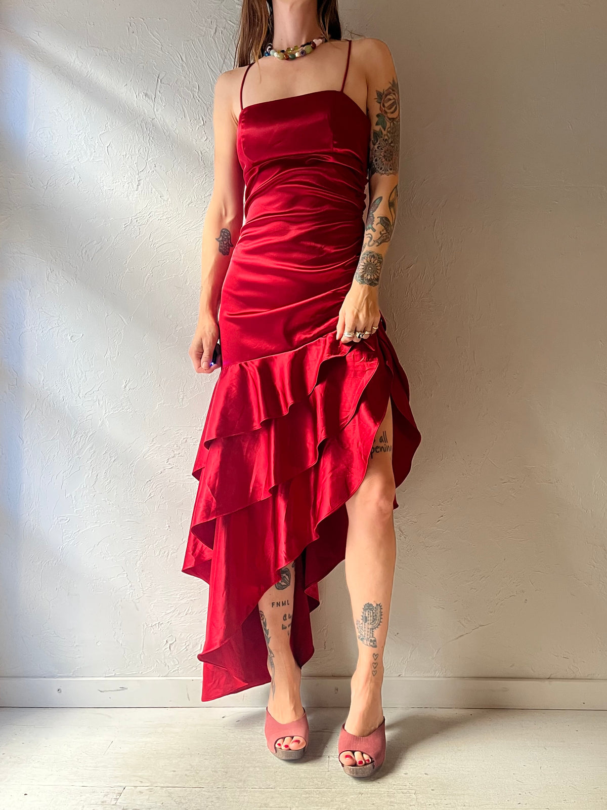 Y2K ‘Blondie Nites’ Red Satin Asymmetrical Ruffle Prom Formal Party Maxi Dress / Small