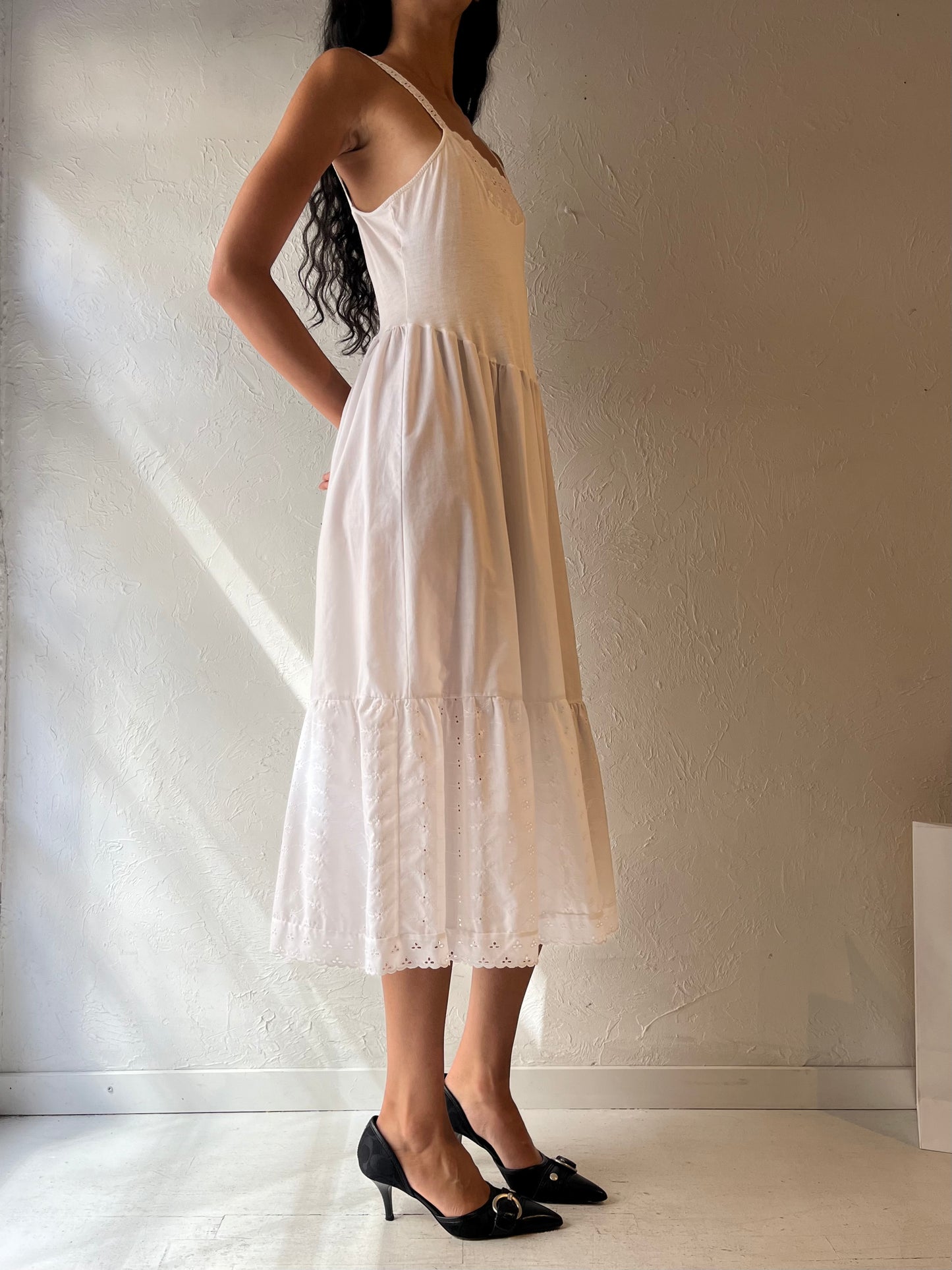 90s 'Jessica' White Eyelet Midi Dress / Small