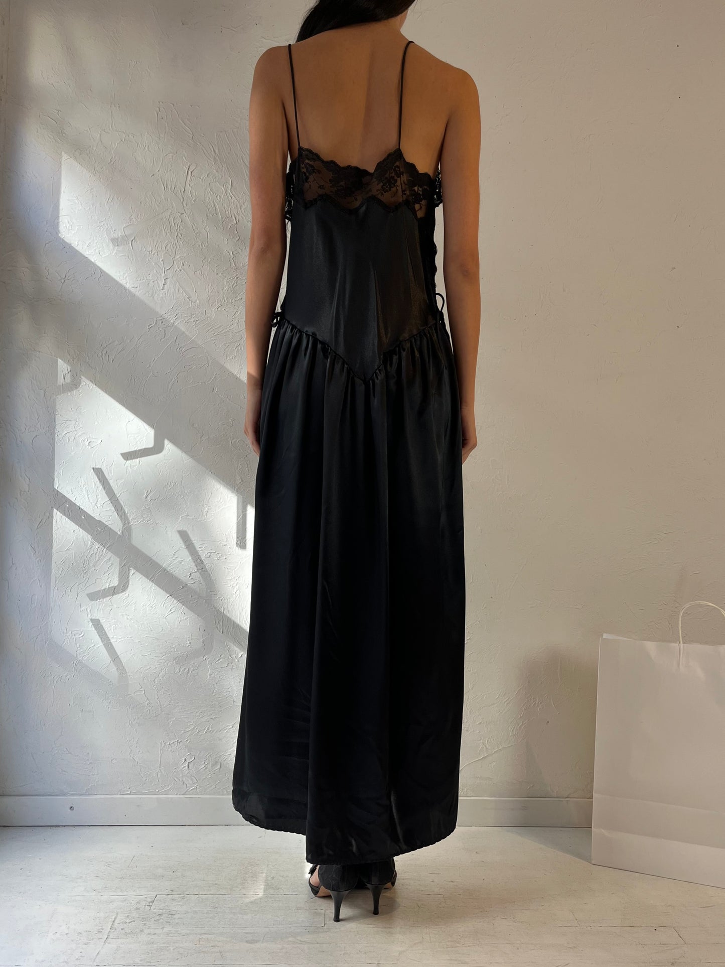 80s ‘Patricia’ Black Lacey Slip Dress / Large