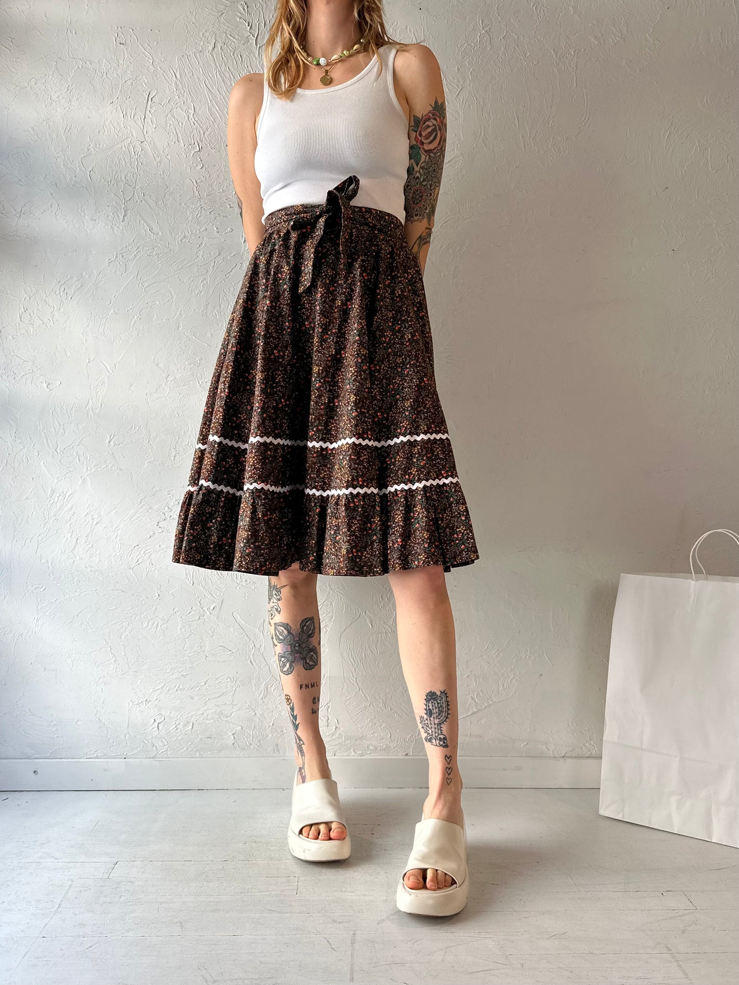 Vintage Handmade Brown Floral Midi Skirt / Small