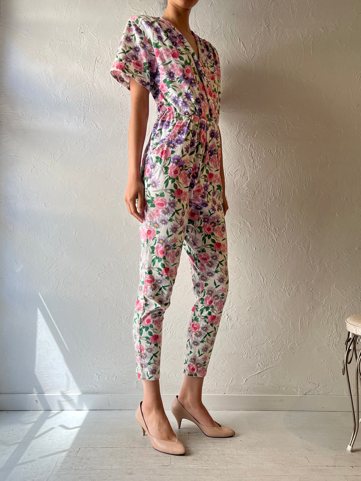 80s 'Bridge' Cotton Floral Retro Boho Jumpsuit / Vintage 1980s Cottagecore Summer One Piece / Small - Medium