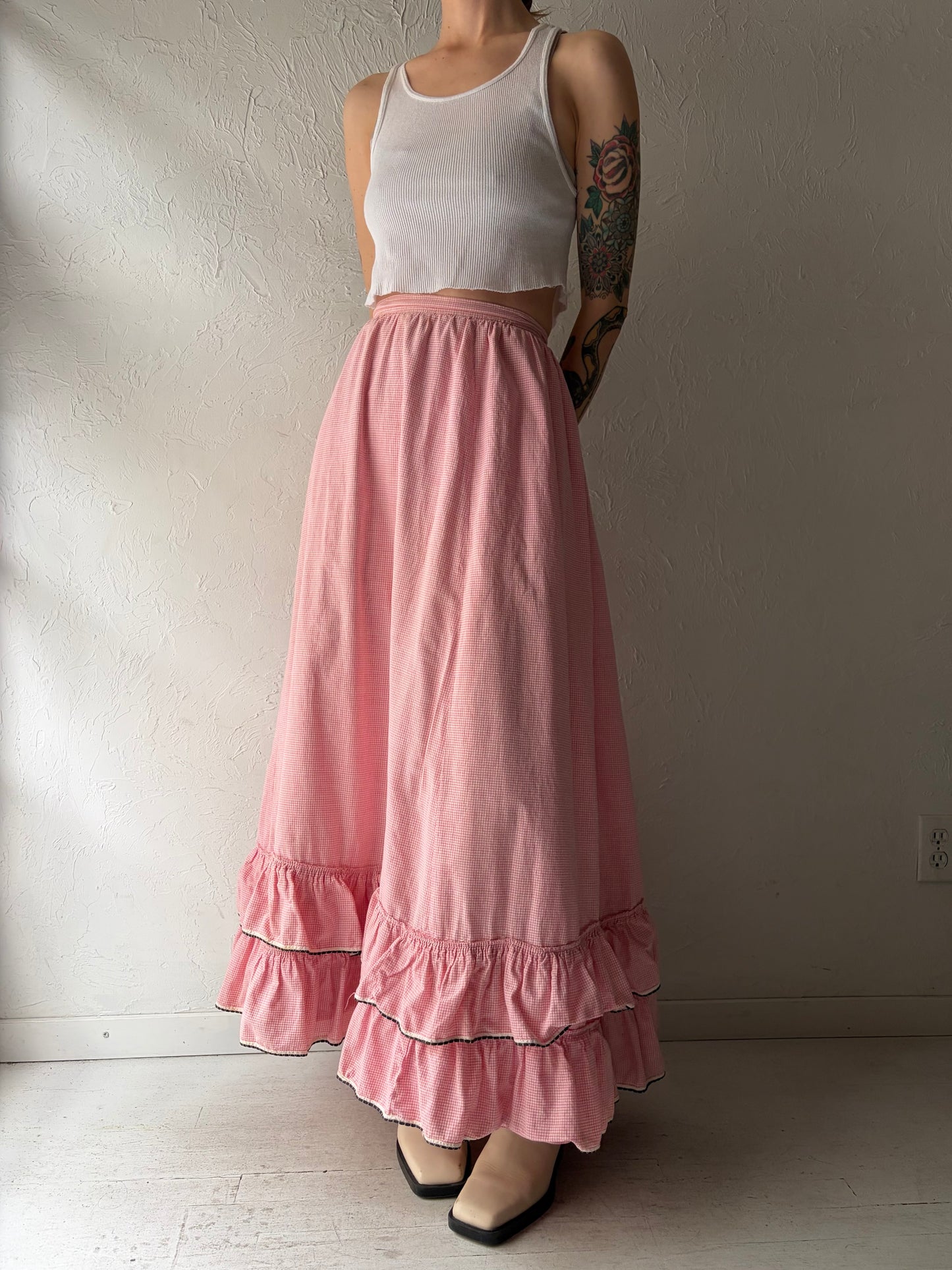 60s / 70s Handmade Pink Gingham Peasant Maxi Skirt / XSmall