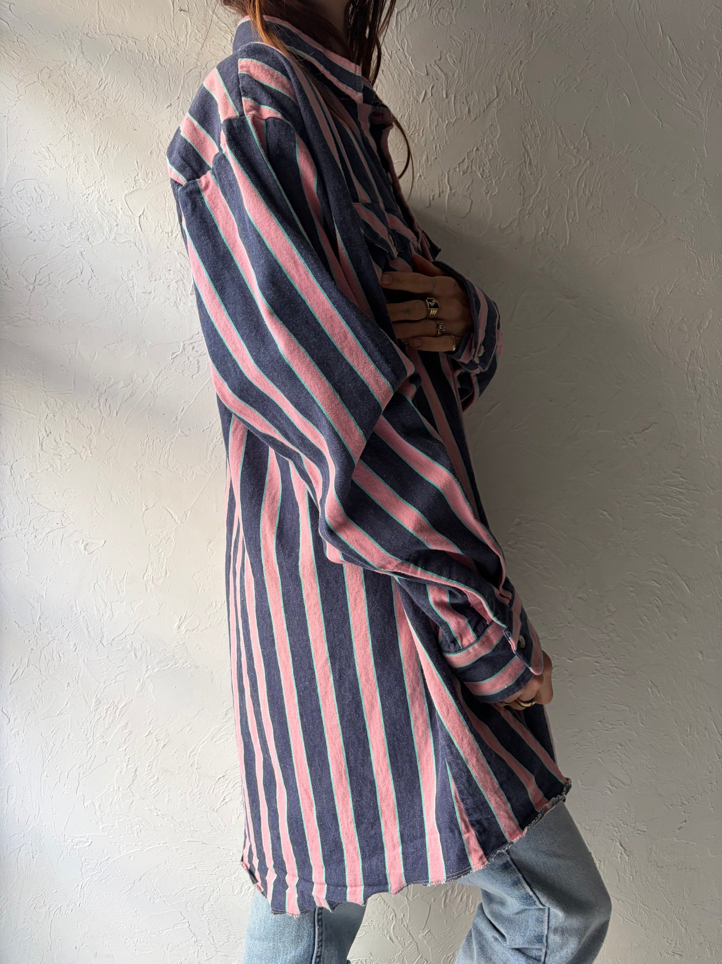 90s 'Saddle King' Pink Stripped Retro Western Button Up Shirt / Vintage 1990s Cowboy Work Wear Shirt / XL