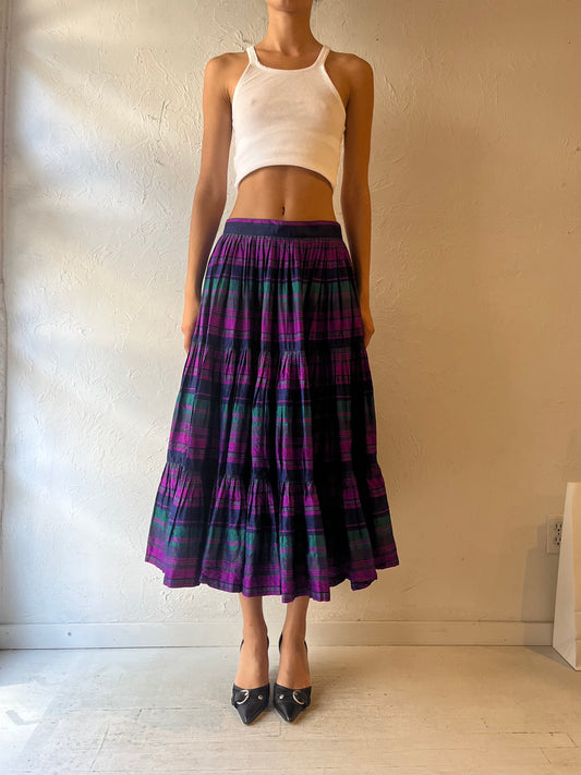 Silk Purple Plaid Pleated Midi Skirt / Small