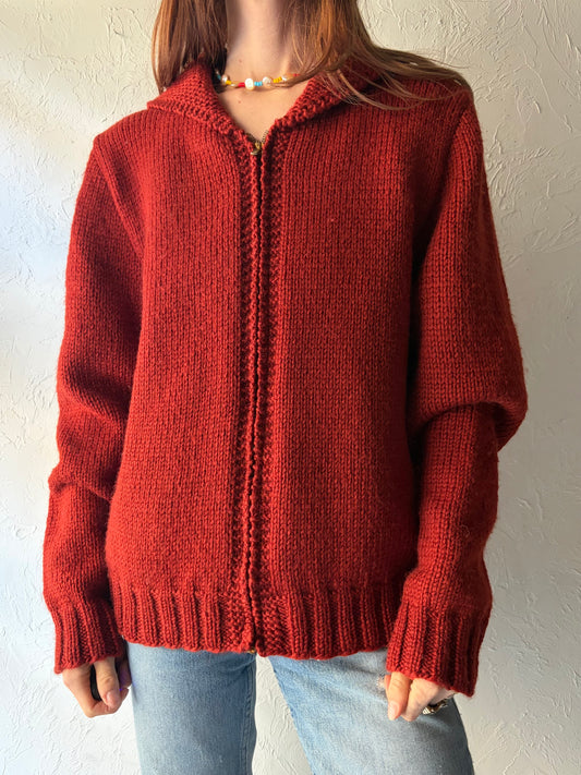 Vintage Red Hand Knit Thick Wool Sweater / Small