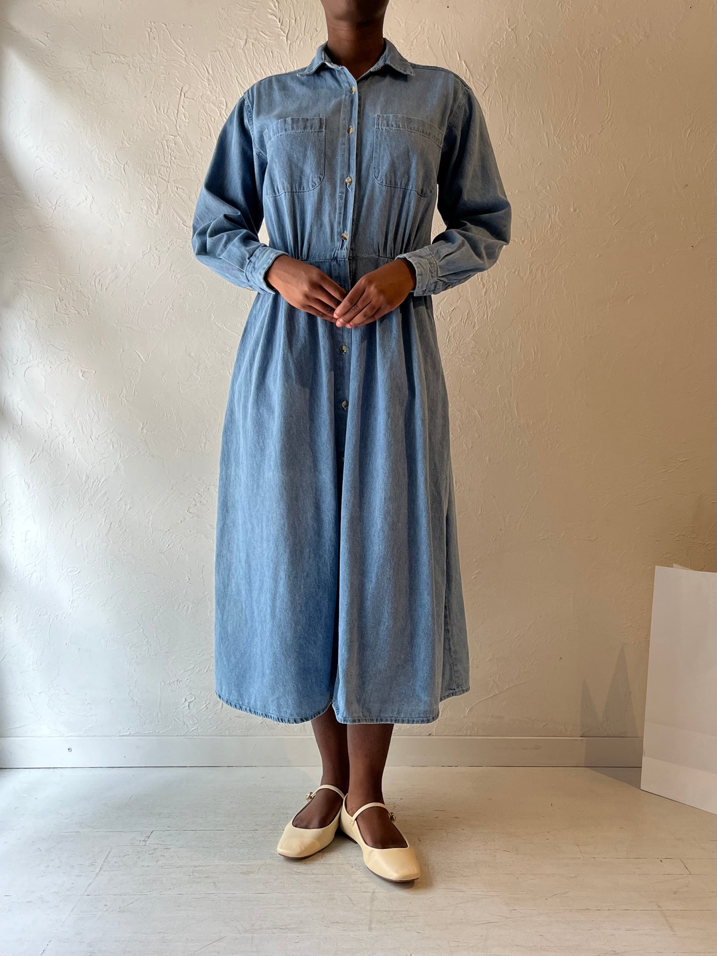 90s 'Daniel Caron' Long Sleeve Denim Dress / Medium