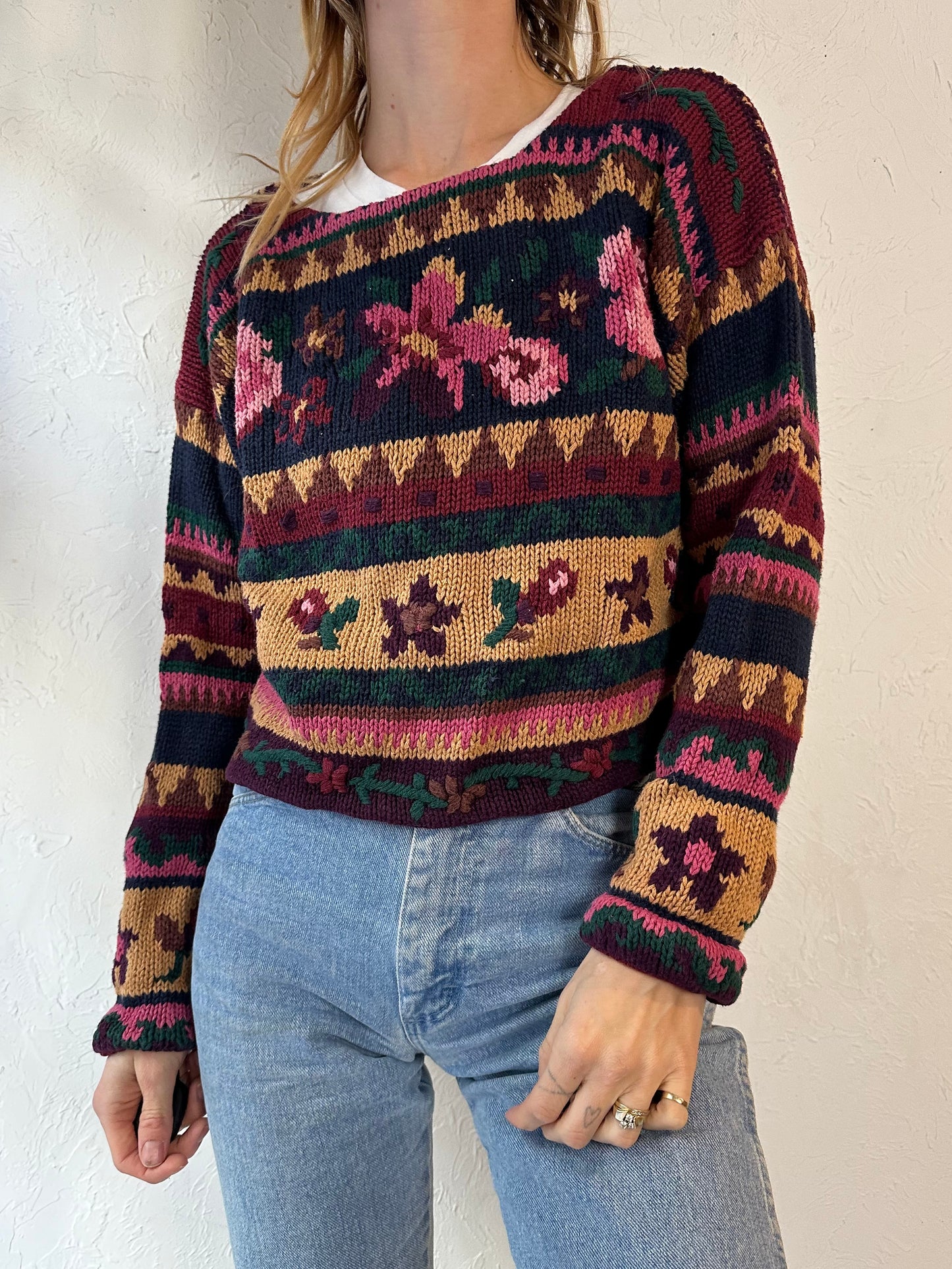 90s 'Santa Barbara' Cotton Ramie Cropped Knit Sweater / Medium