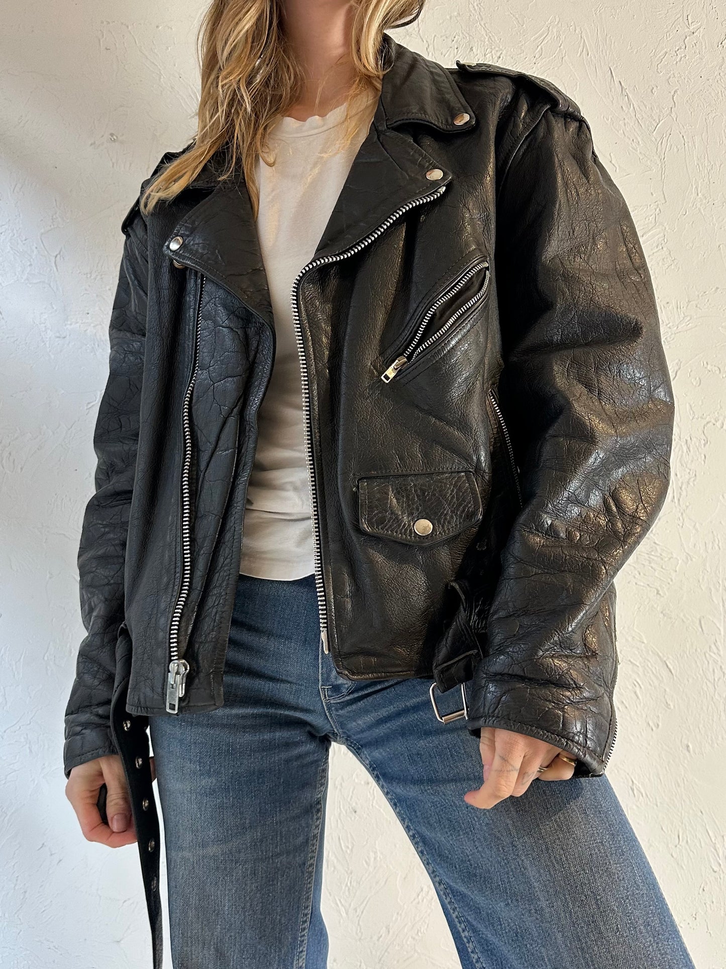 90s ‘First’ Heavy Duty Black Leather Jacket / Large