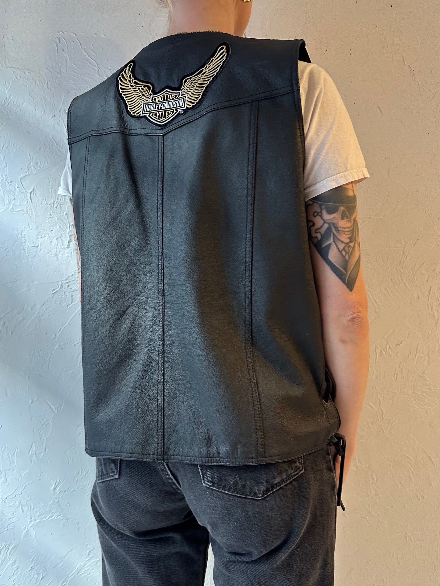 Vintage ‘Starling’ Black Leather Harley Davidson Biker Vest / Large