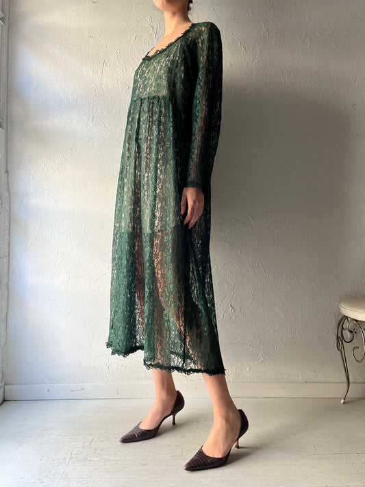 90s 'Margot Too' Green Gothic Lace Maxi Dress / Vintage 1990s Grungecore Long Sleeve Dress / Large