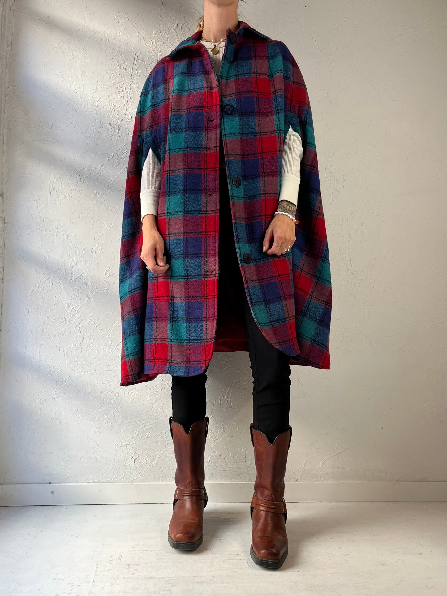 Vintage Classic Plaid Poncho / One Size