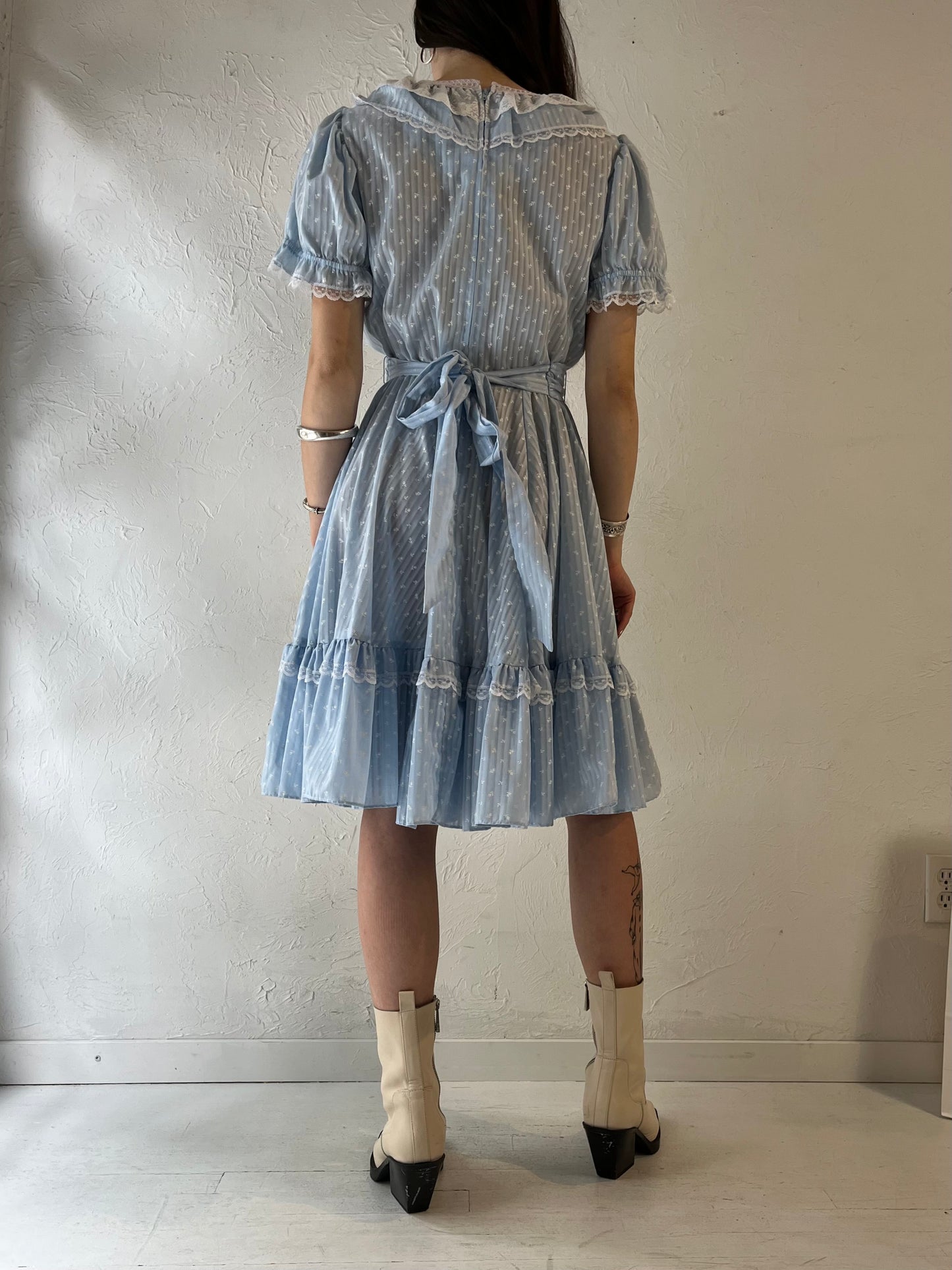 Vintage Handmade Blue Puff Sleeve Prairie Dress / Small