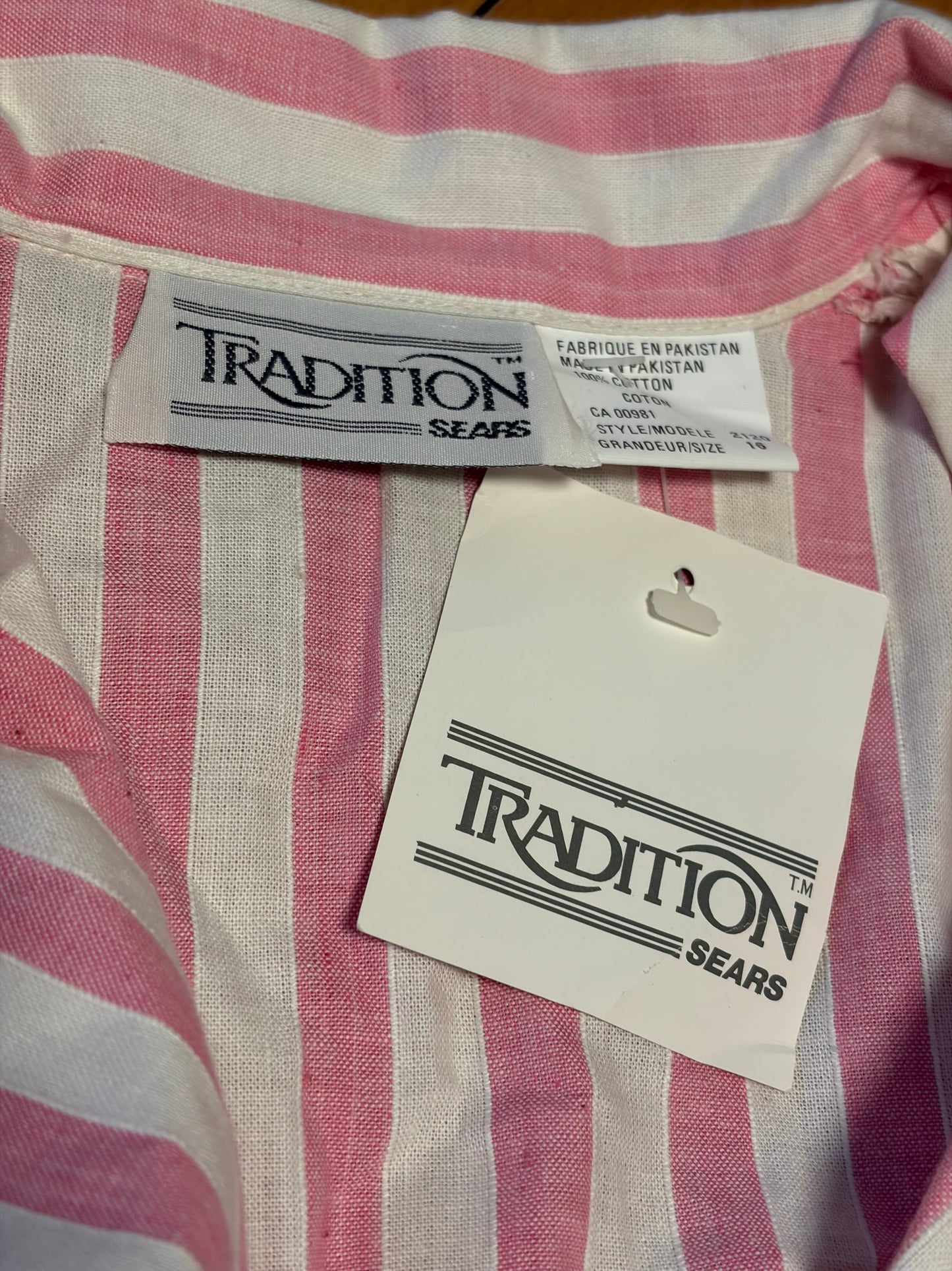 90s 'Sears Traditions' Dead Stock Vintage Pink Striped Collared Spring Dress / XL