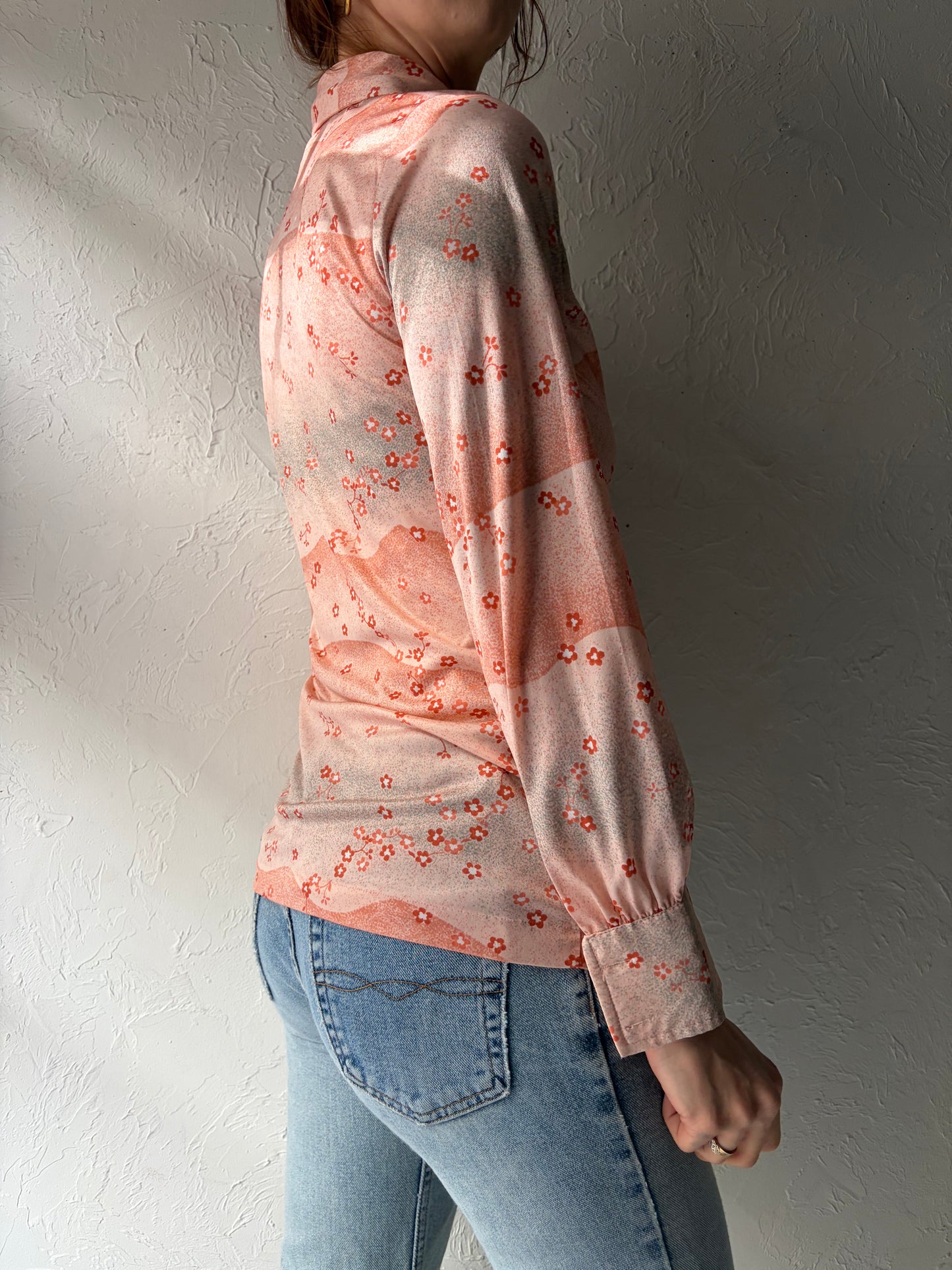 70s 'Elite' Vintage Retro Pink Floral Collared Blouse / Small