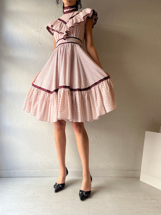 70s Pink Cottage Core Peasant Midi Dress / Small