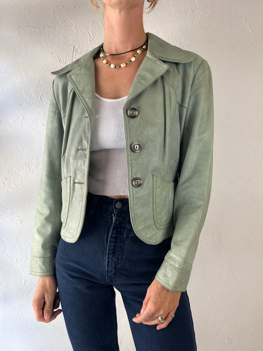 80s 'Olympic' Green Leather Blazer Jacket / Small