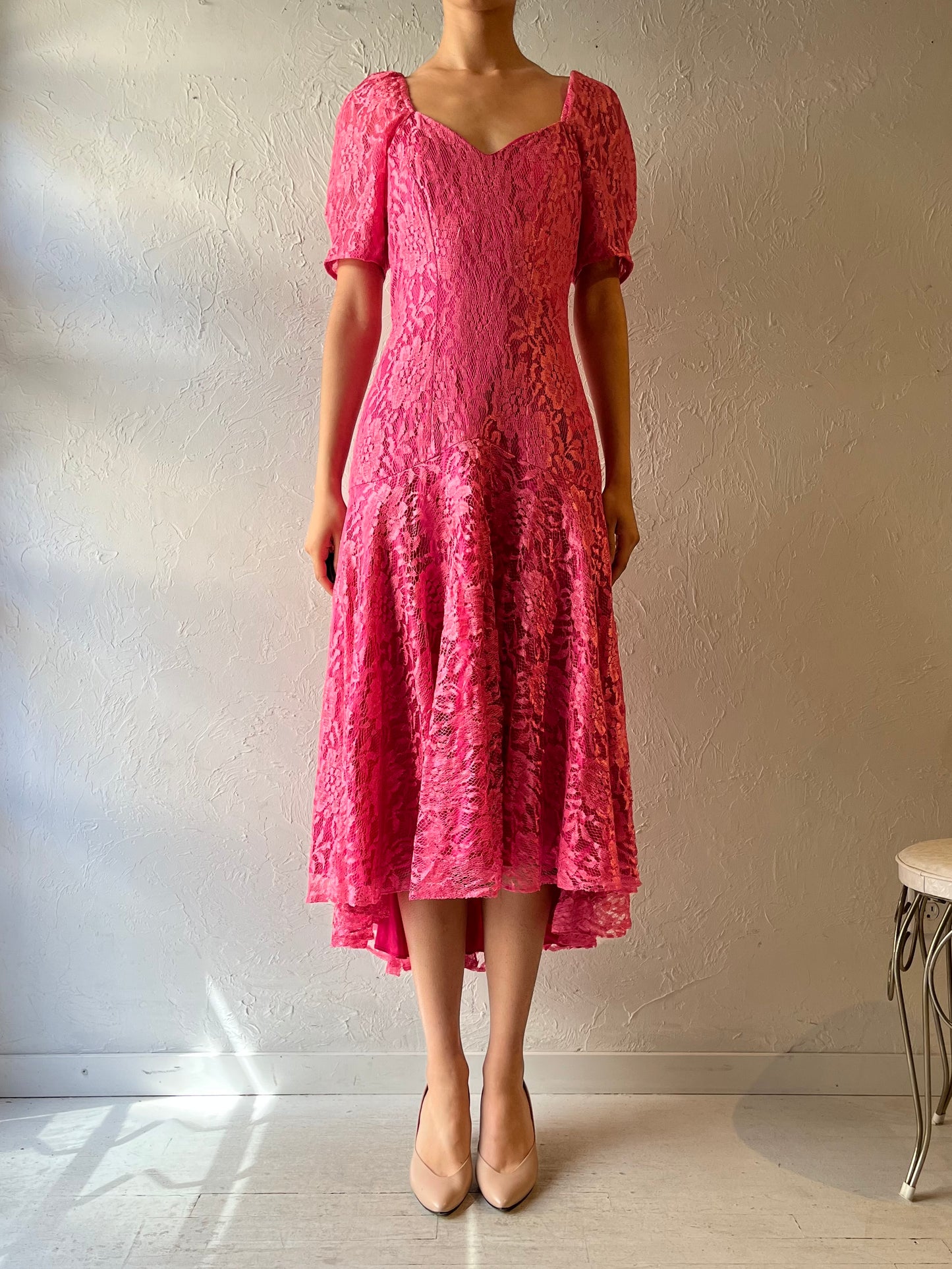 70s 'Nu Mode' Pink Lace Formal Prom Dress / Small