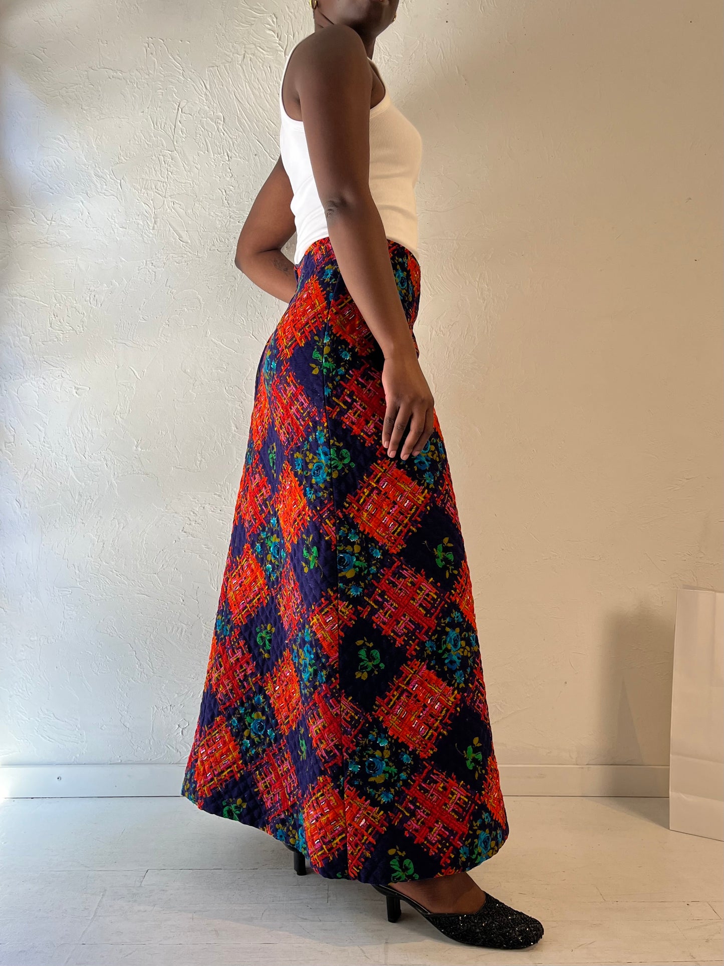 70s Handmade Quilted Maxi Skirt / Medium