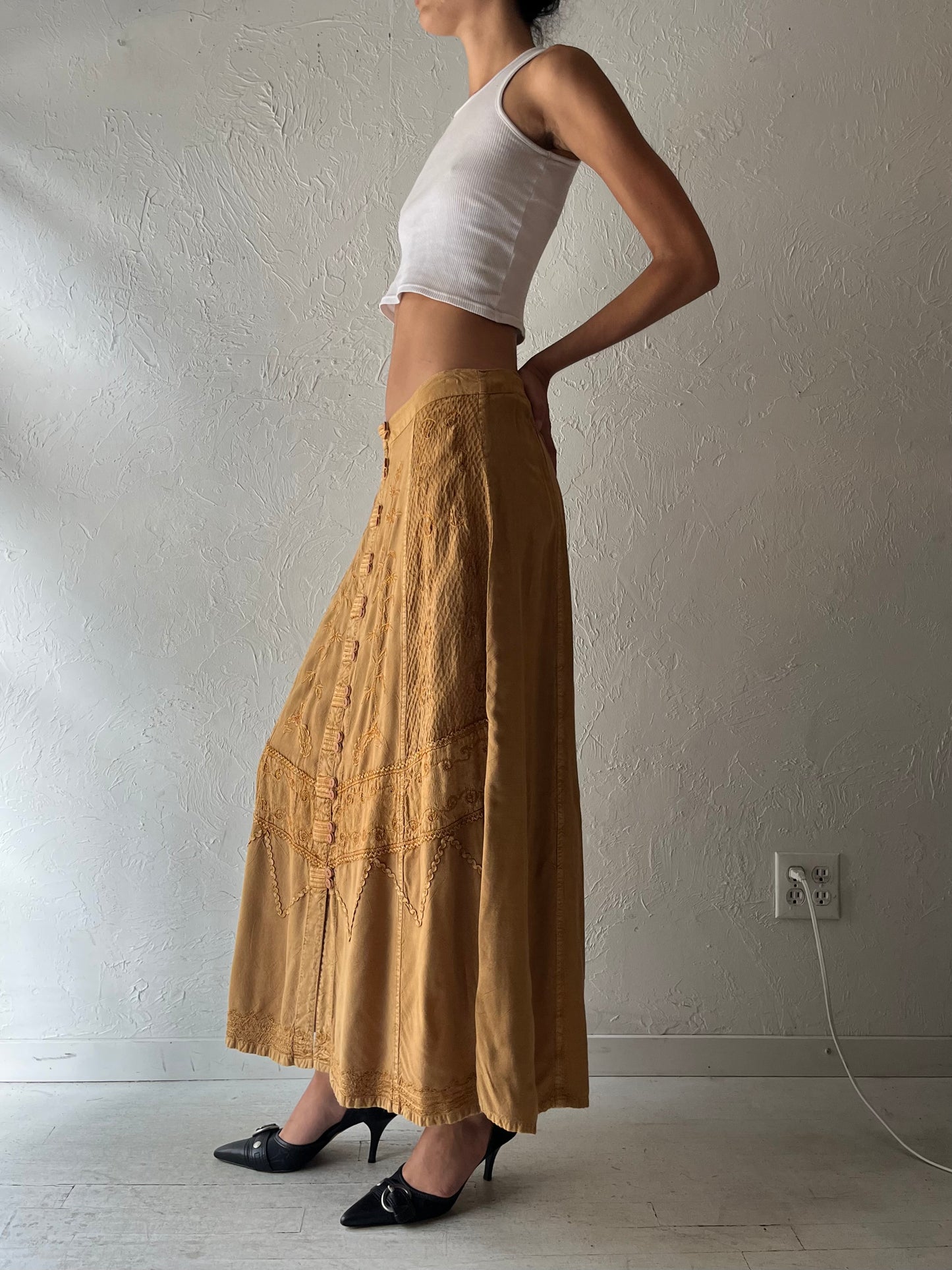 Y2k 'Tradition Collection' Tan Embroidered Fairycore Maxi Skirt / Vintage 2000s Whimsical Boho Cottagecore Prairie Summer Skirt / Medium