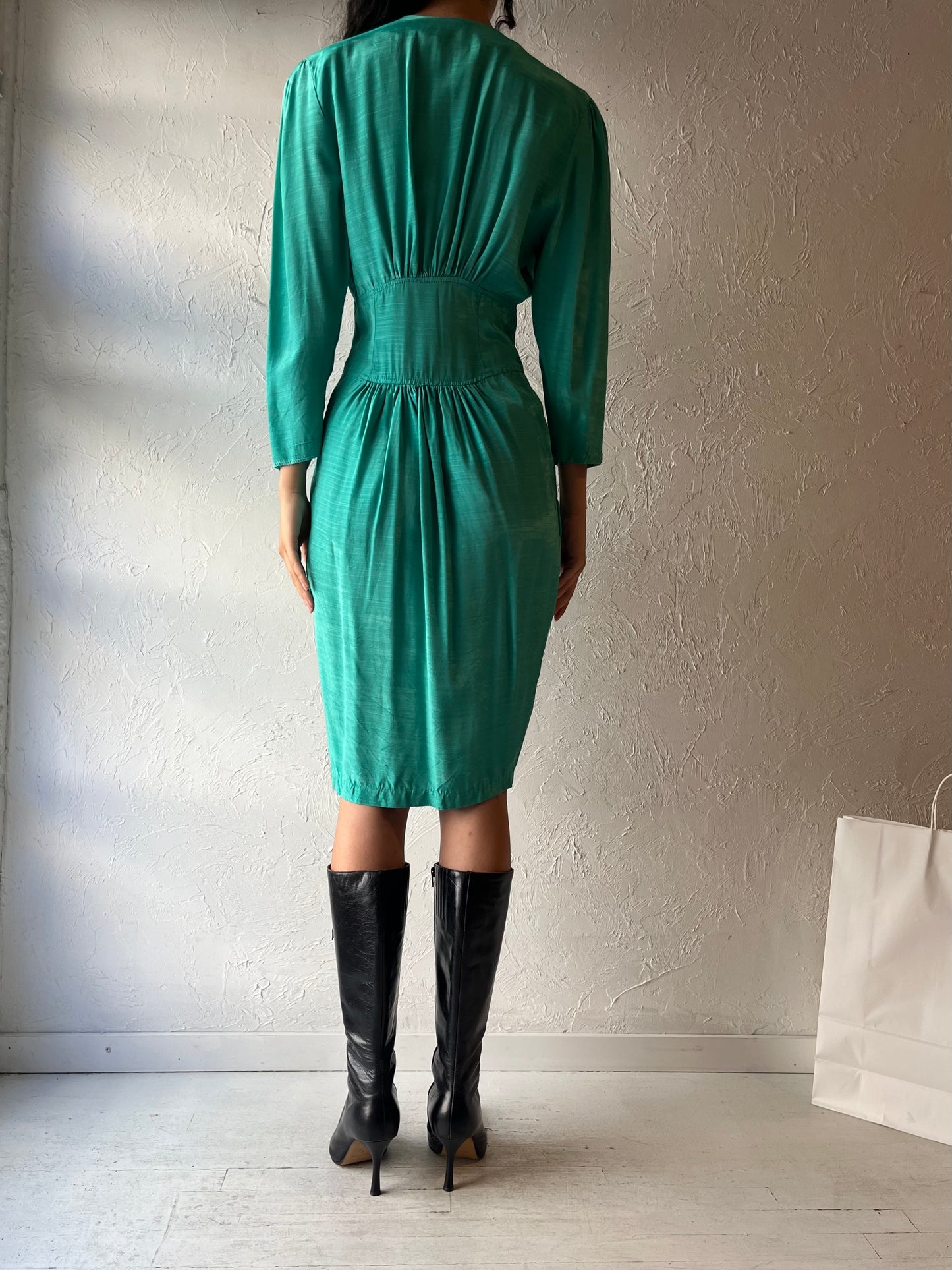 Vintage Green Long Sleeve Mod Rayon Dress / Medium