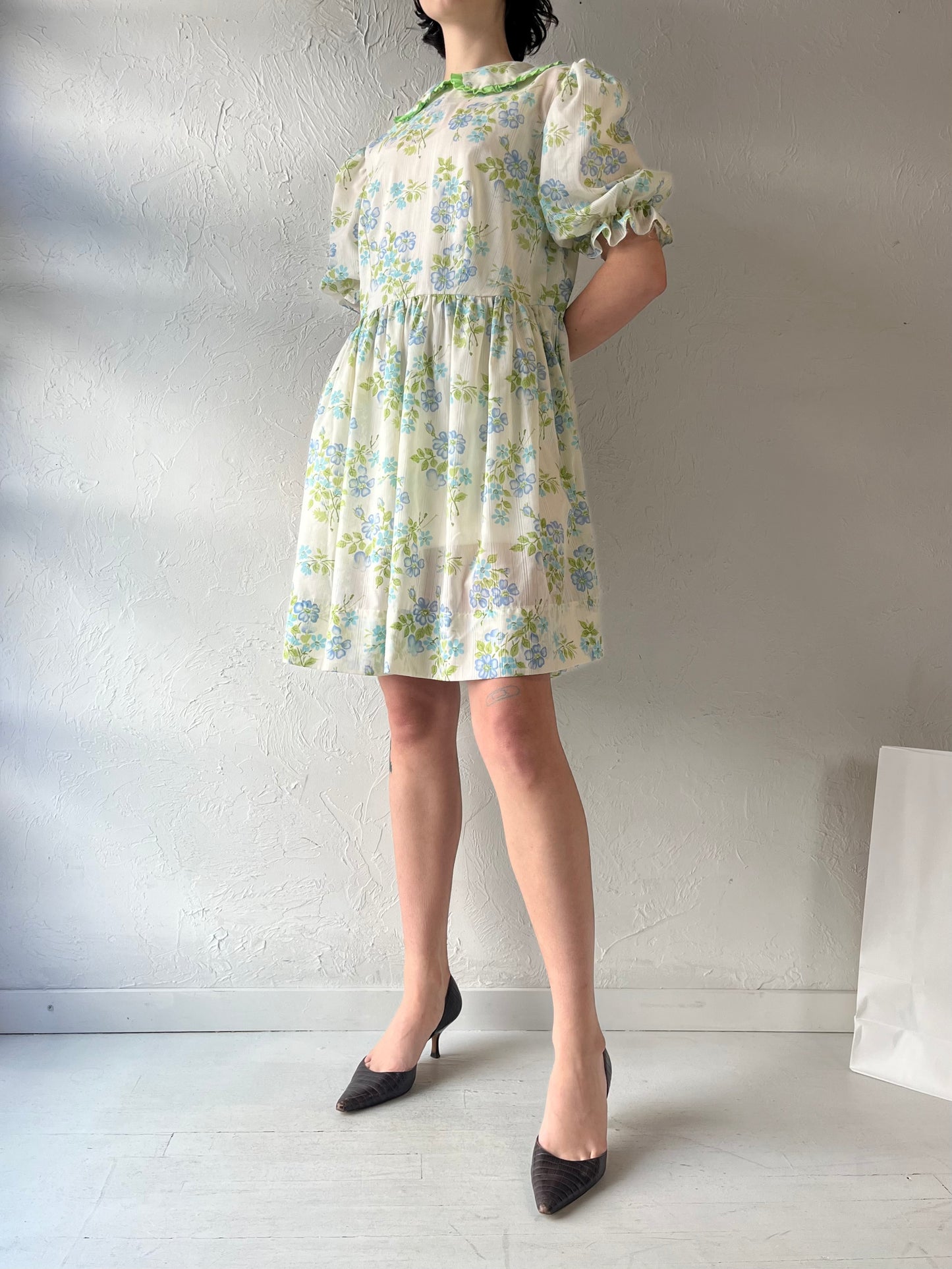 Vintage Handmade Green Floral Mini Dress / Medium