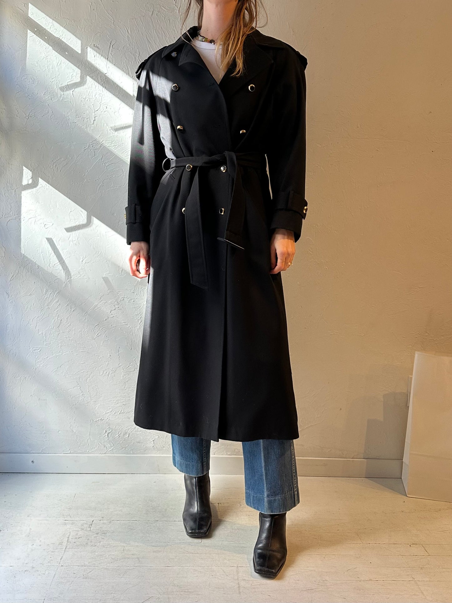 90s ‘Hilary Radley’ Black Wool Trench Coat / Medium