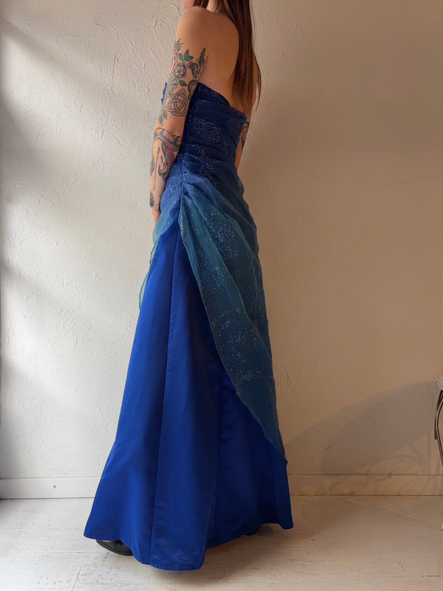 90s 'Jump' Blue Strapless Sparkly Formal Dress / Small
