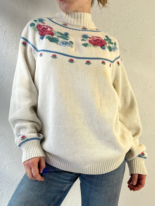 90s ‘North Country’ Floral Knit Sweater / Medium