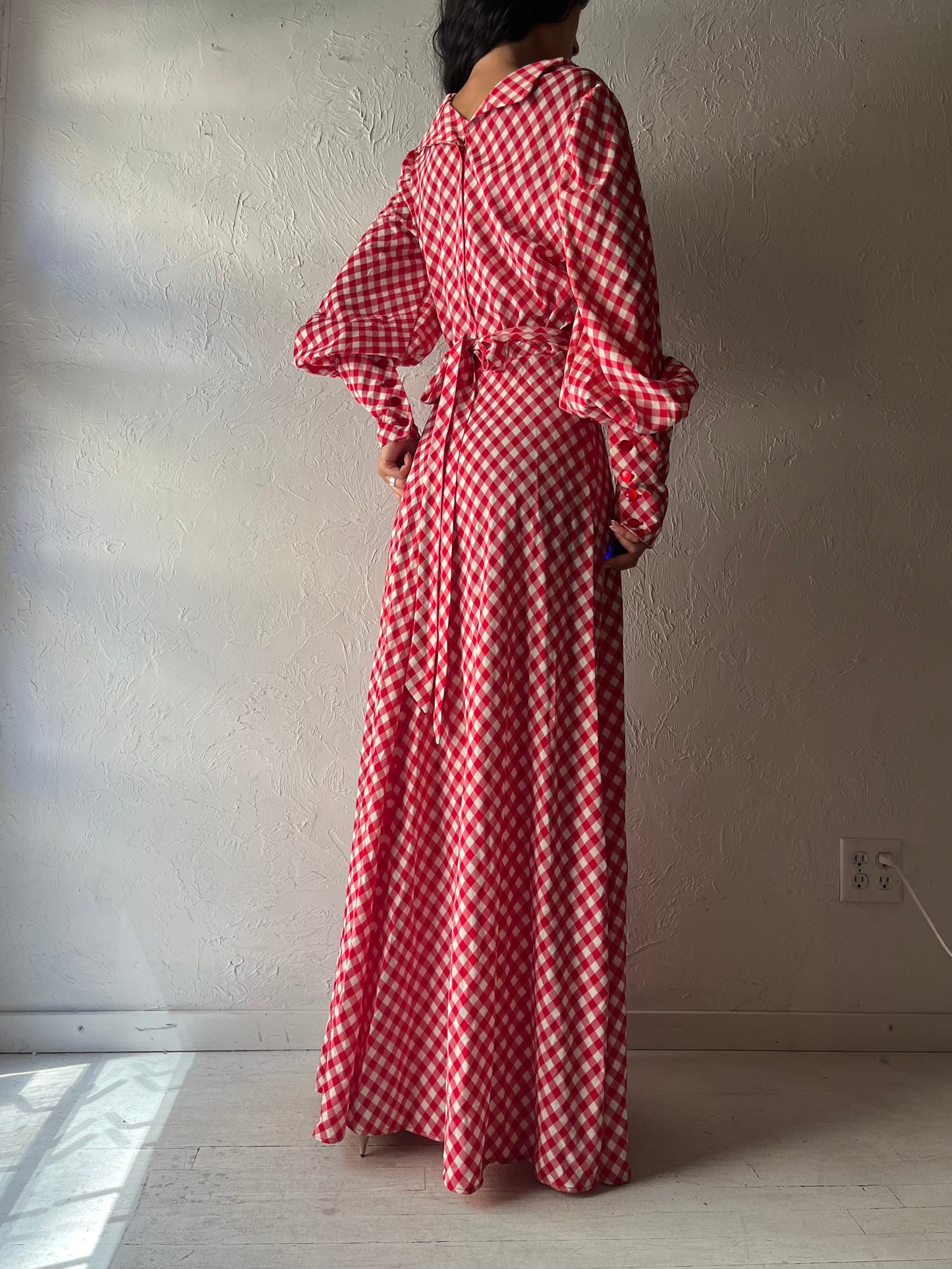 Vintage Red Gingham Long Sleeve Maxi Dress / Medium