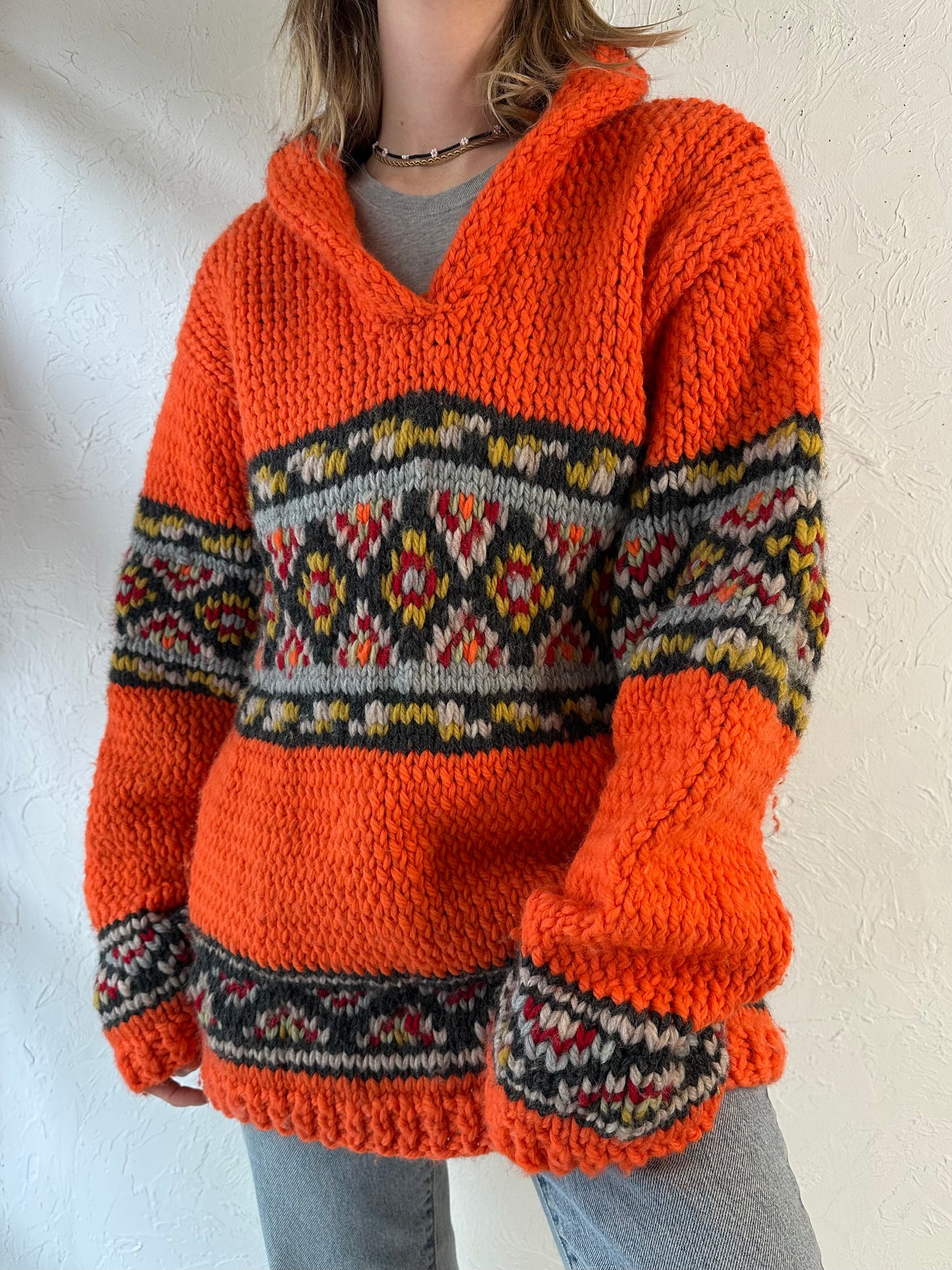 Vintage Hand Knit Orange Sweater / Large