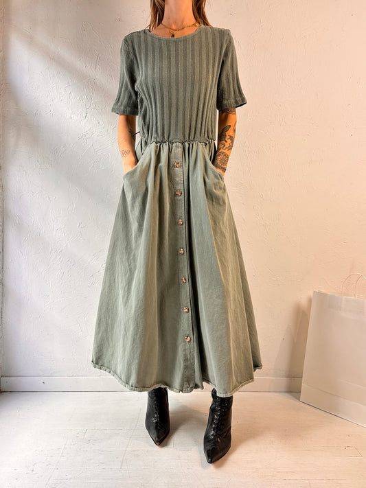 90s 'Lew Magram' Green Cotton Maxi Dress / Medium