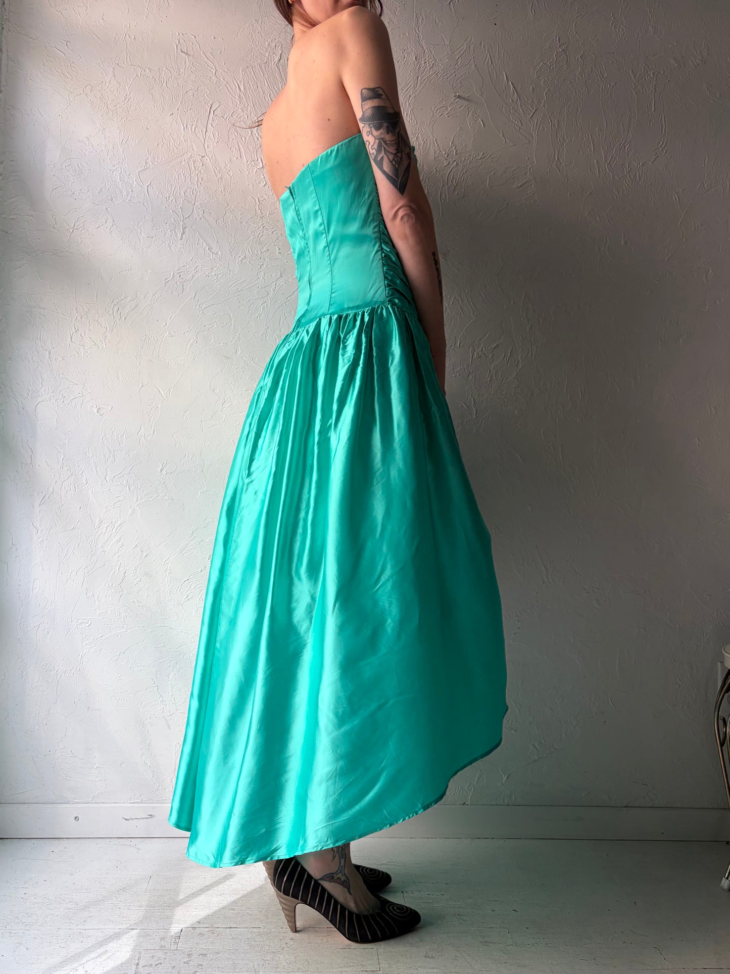 80s ‘Gunne Sax’ Green Asymmetrical Hem Formal Strapless Prom Dress / Small - Medium