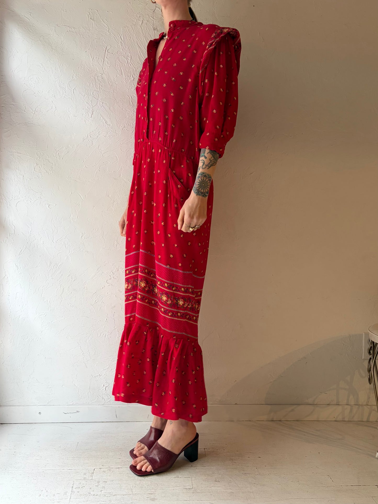 80s 'Choon' Red Floral Prairie-core Summer Dress / Medium