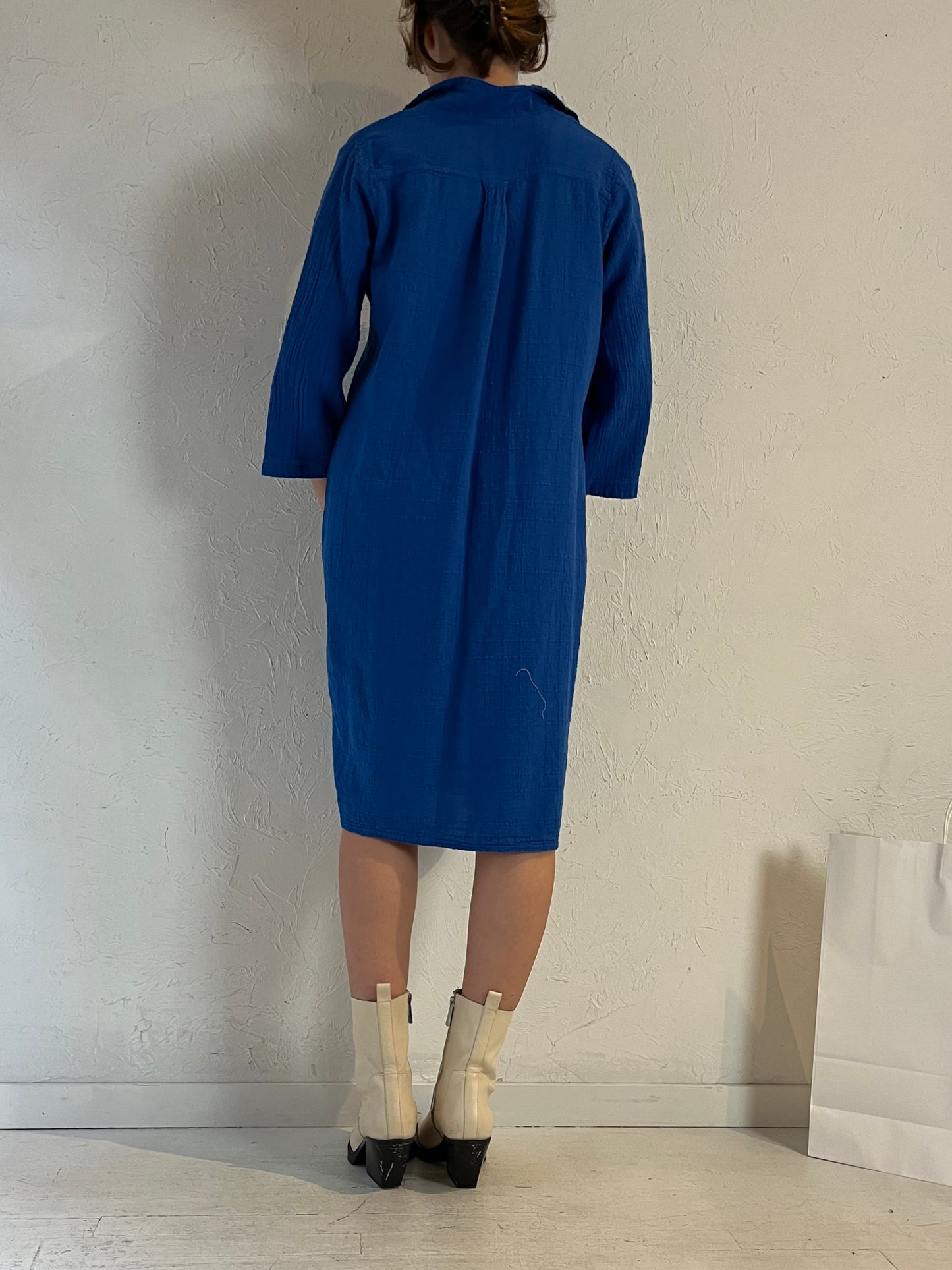 90s 'Ezzewear' Blue Snap Up Midi Dress / Medium