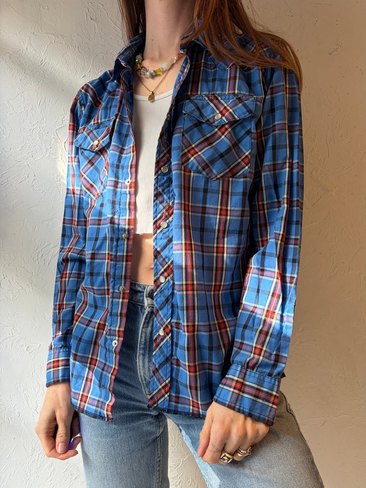 Y2k 'Wrangler' Blue Plaid Snap up Western Shirt / Small