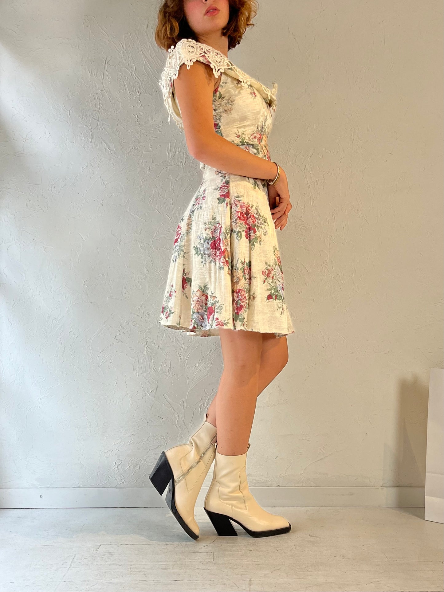 90s 'Roberta' Cream Floral Mini Dress / Small