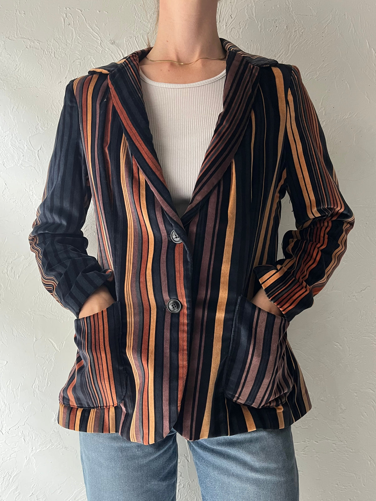 90s 'Focus' Striped Velvet Blazer Jacket / Medium