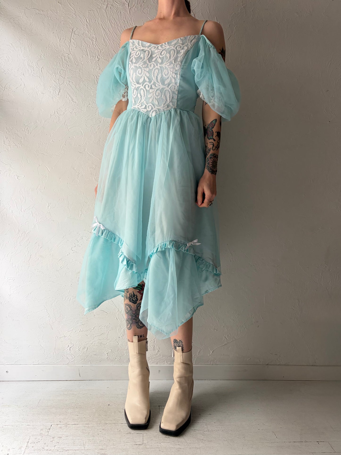 70s Aqua Formal Dress / Union Made / Medium