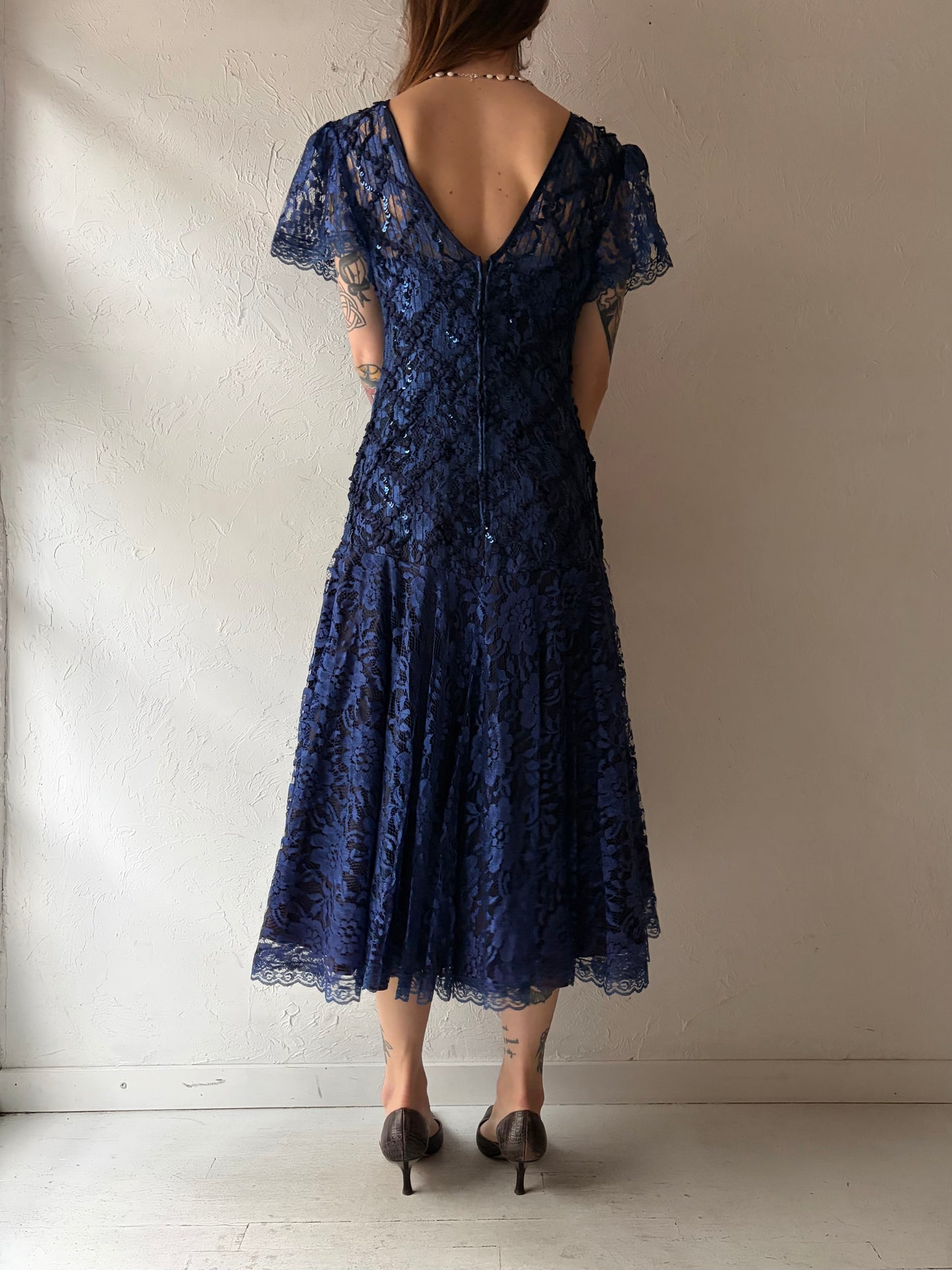 80s 'HW Collections' Purple Lace Formal Prom Dress / Vintage 1980s Retro Gown / Small