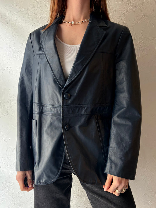Vintage Minimalist Blue Leather Blazer Jacket / Medium