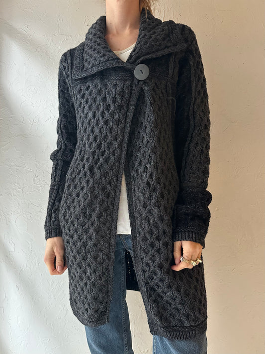 90s ‘Arancrafts’ Gray Cable Knit Merino Wool Sweater / Medium