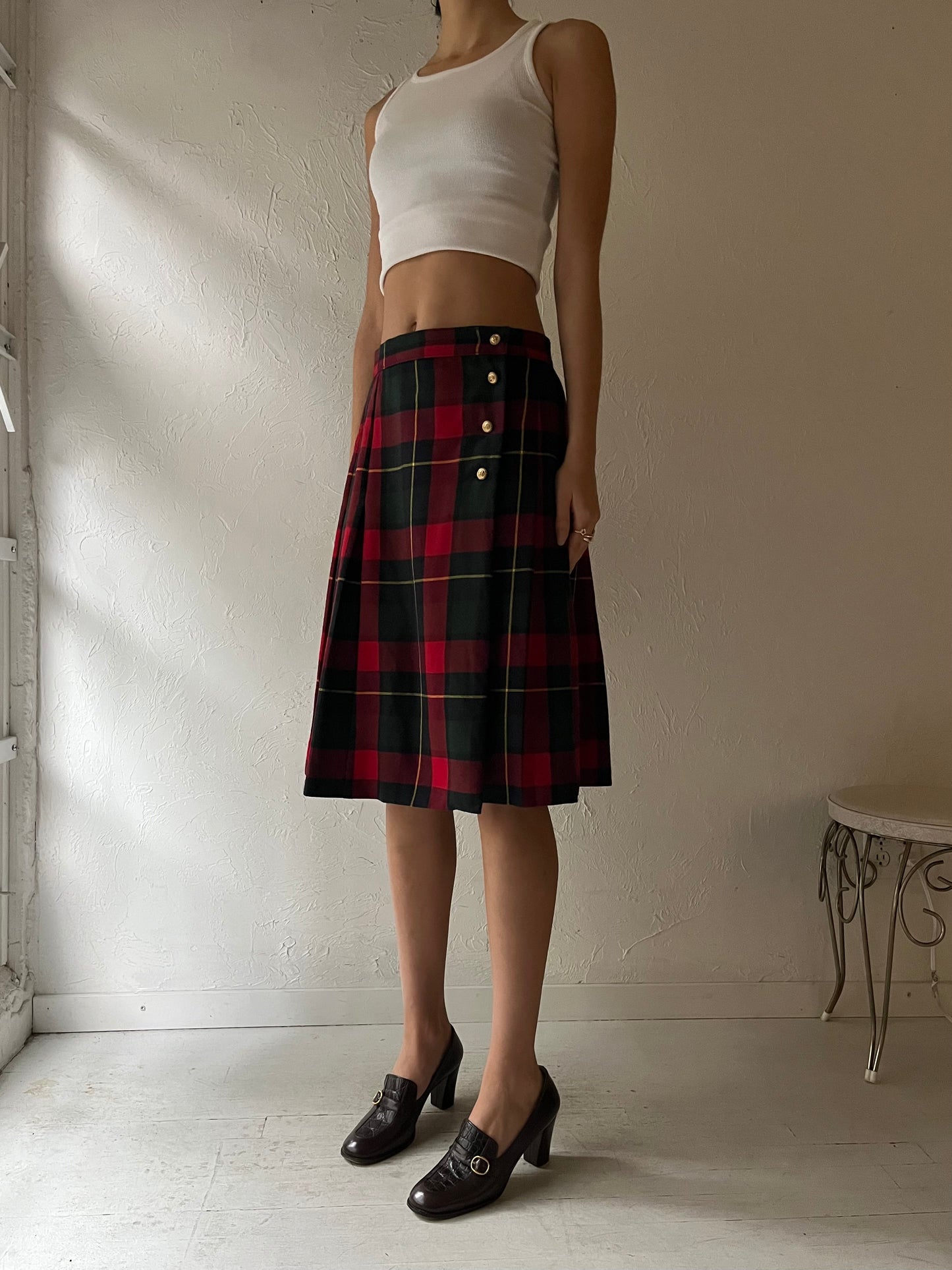 90s 'Nygard' Plaid Wool Midi Skirt / Medium