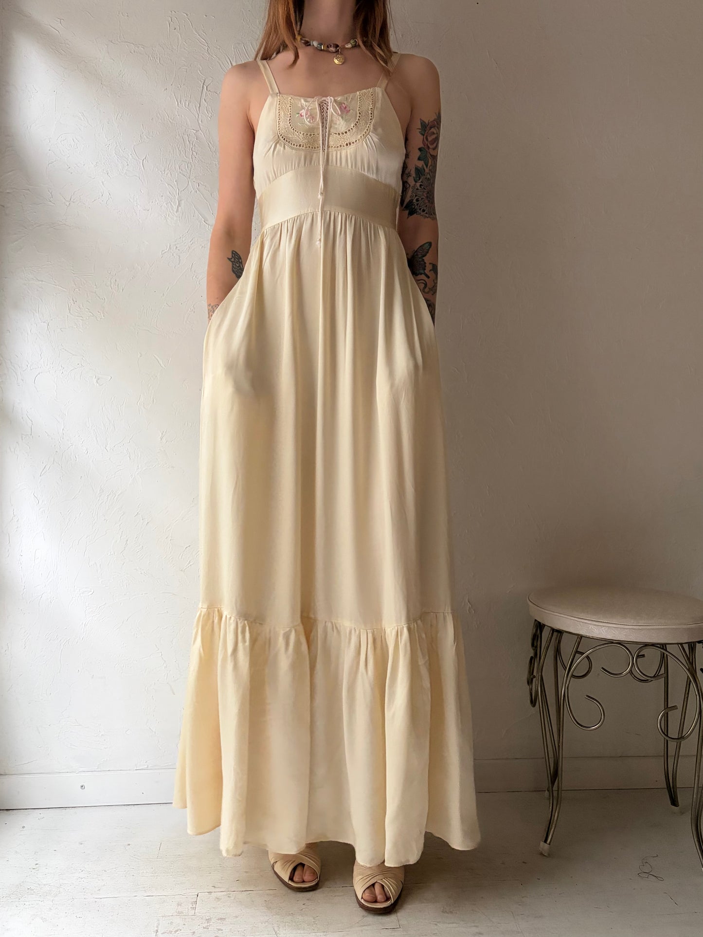 70s Cream Silky Dress / Small