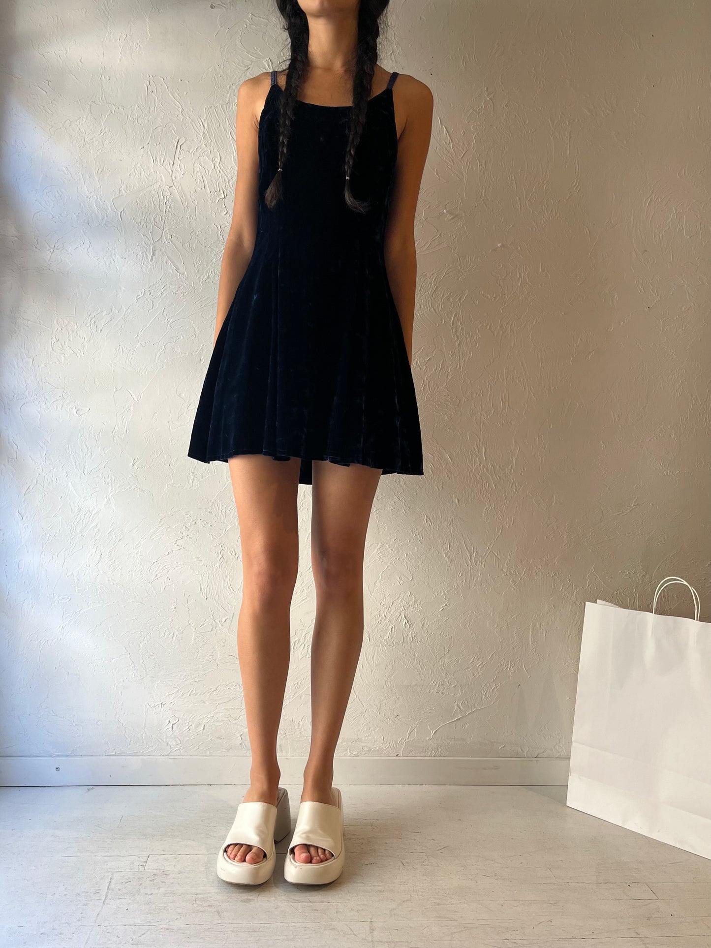 90s ‘Limbo’ Navy Blue Crushed Velvet Mini Dress / Small